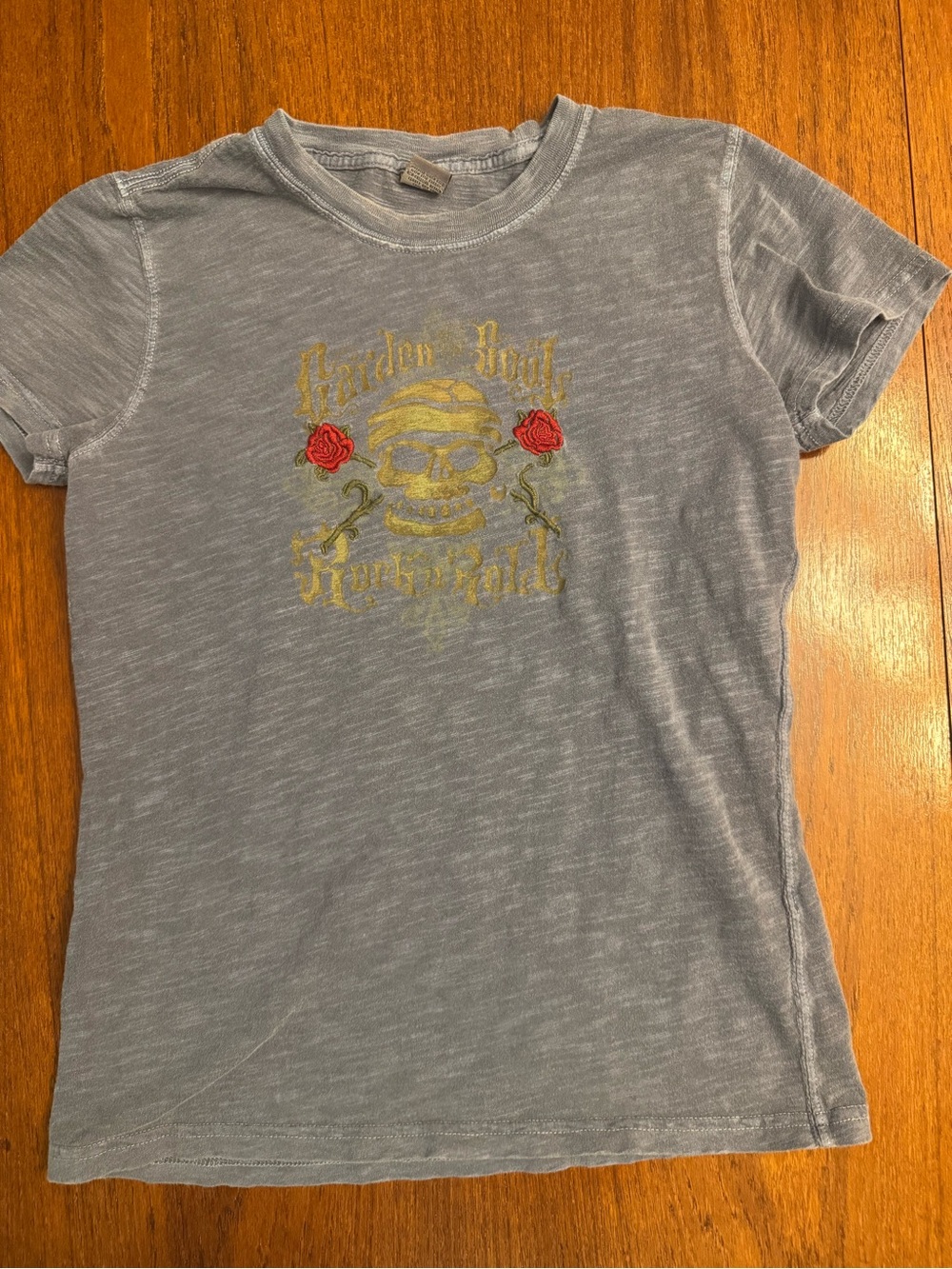 Lucky Brand Light Blue Short-Sleeve Tee with Gold Skull and EmbroideredRed Roses